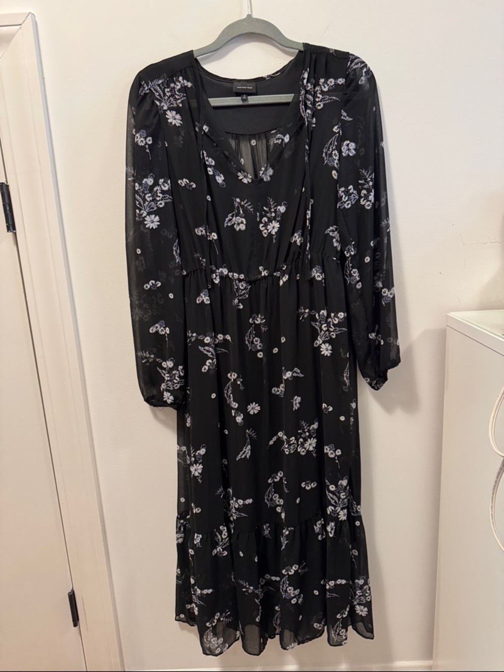 Who What Wear Black Floral Midi Dress with White Blossoms